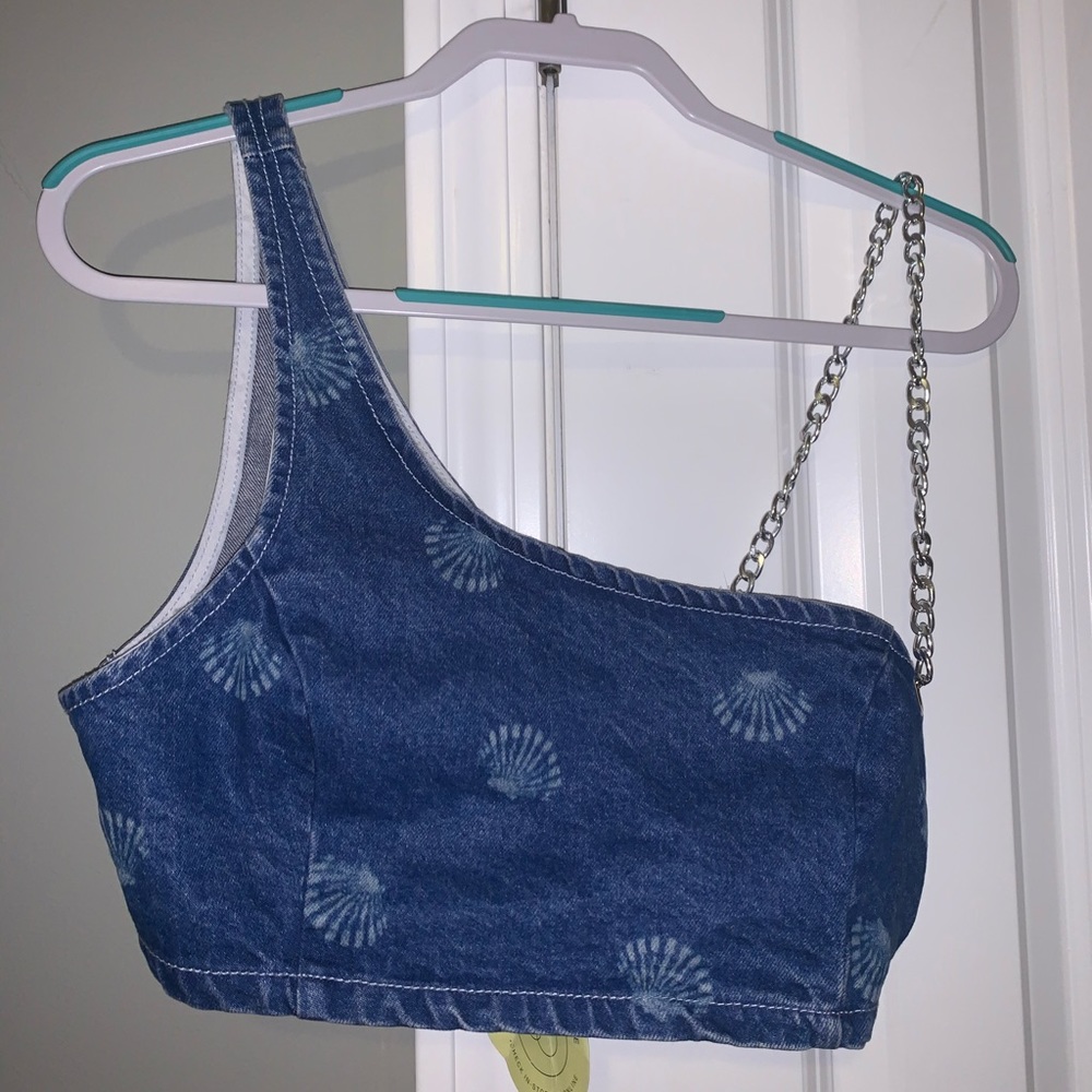 Denim Seashell crop top with chain strap